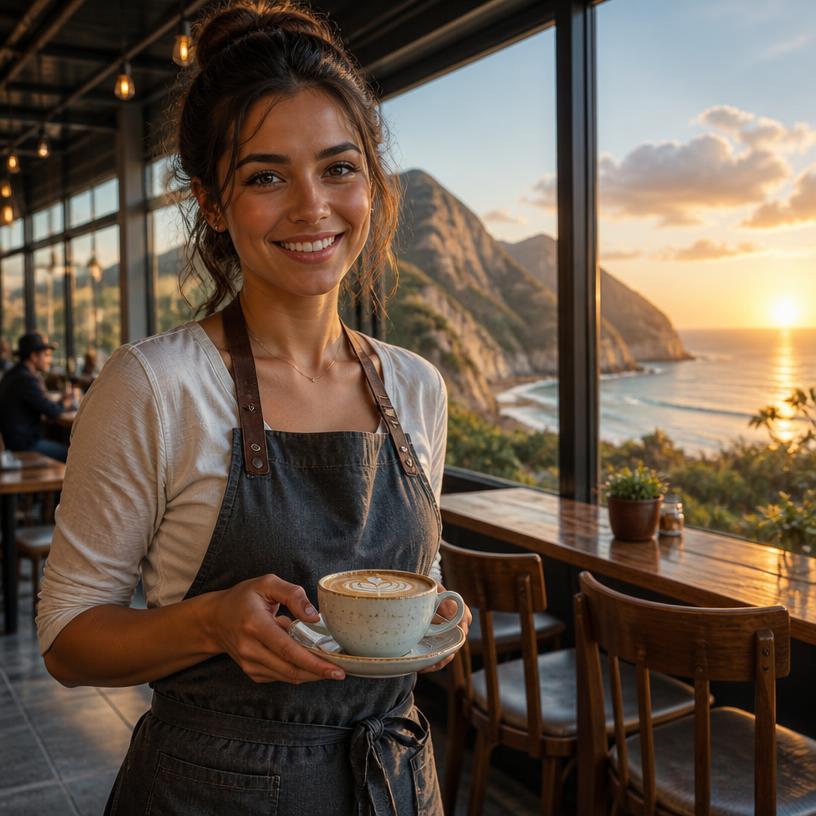 Smiling café waitress serving coffee with a scenic coastal sunset view